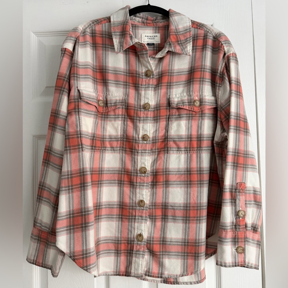 AE Plaid Button-Up Cotton Shirt Khaki & Coral Size Small - Picture 9 of 11